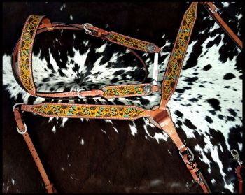 Showman Hand Painted Sunflower tooled Browband Headstall and Breast collar Set #2